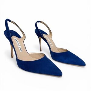 Manolo Blahnik Royal Blue Suede Slingback Heels Pointed Toe Pumps Size 39.5